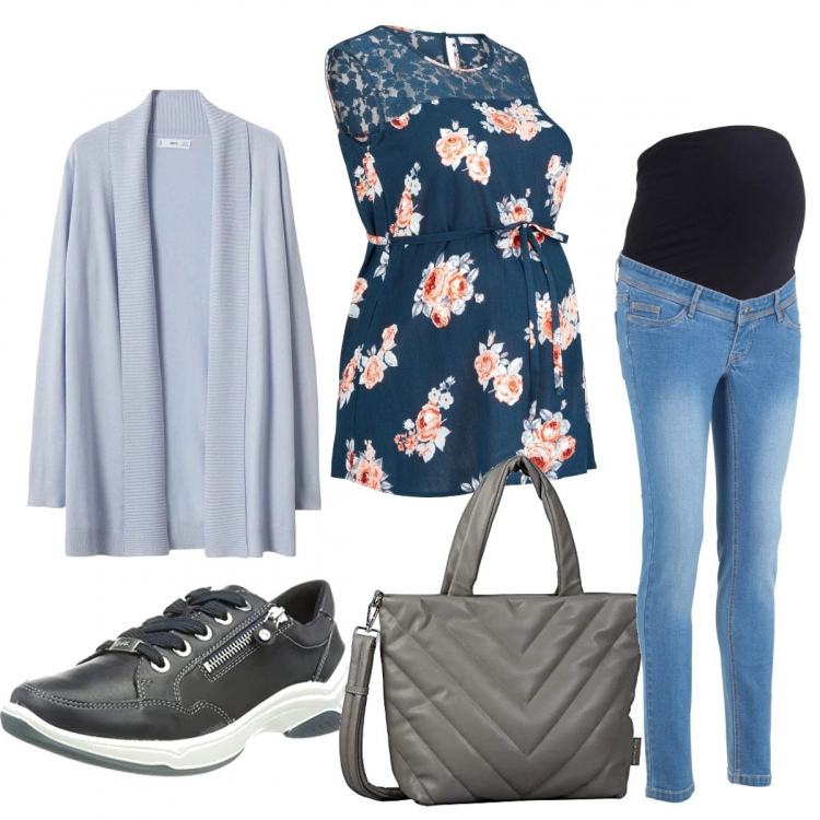 Outfit donna - Basic #148. Stile Basic per Tutti i giorni. look ideale per Premaman. Abbinamento con jeans skinny, bluse, cardigans, shopping bag, sneakers.