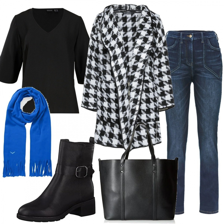 Outfit donna - Total look #1234499. Stile Trendy per Tutti i giorni. Abbinamento con jeans dritti, bluse, cappotti, borse tote, stivaletti, sciarpe.