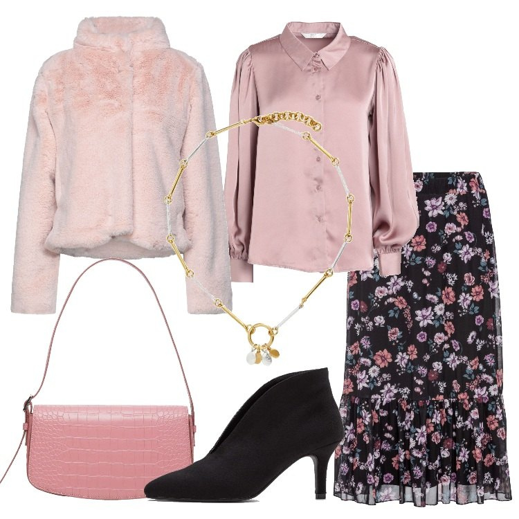 Outfit donna - Giacca in ecopelliccia e fiori. Stile Romantica per Serata fuori. Abbinamento con camicie, cappotti, zaini, gonne, collane, borse a spalla.