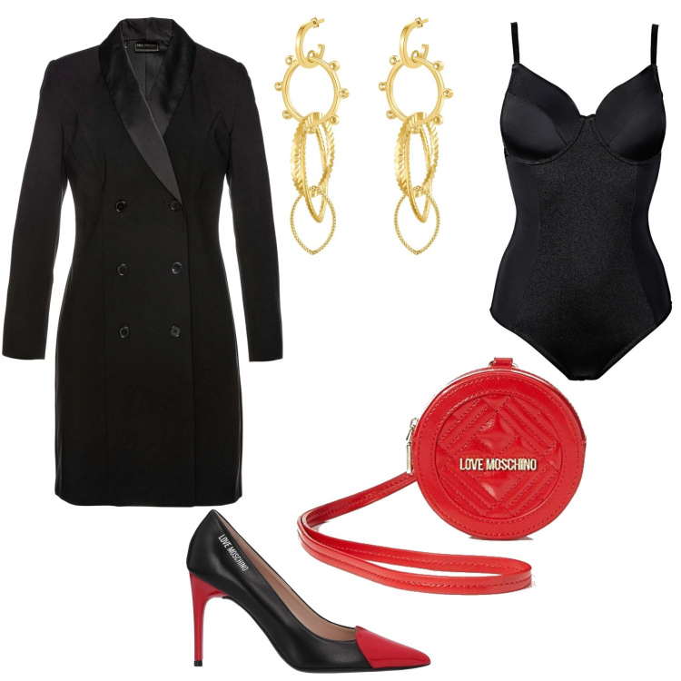 Outfit donna - Serata speciale. Stile Glamour per Serata fuori. Abbinamento con body, vestiti midi/longuette, décolleté, orecchini, pochette.