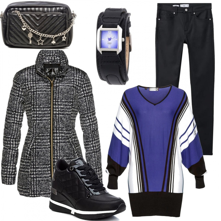 Outfit donna - Basic #130. Stile Basic per Tutti i giorni. Abbinamento con giacche, maglieria, borse a tracolla, sneakers, pantaloni skinny, orologi.
