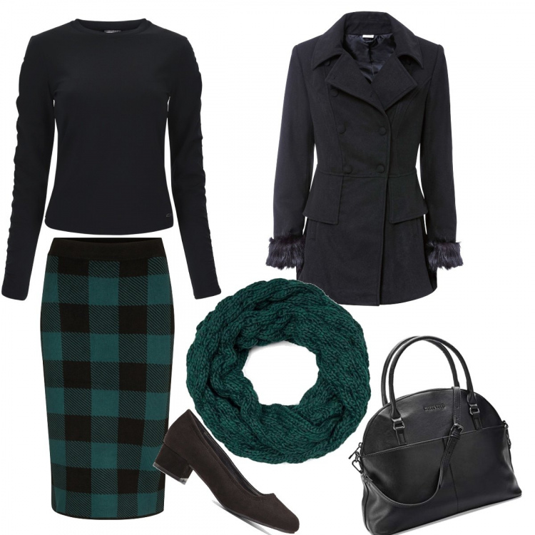 Outfit donna - Casual chic. Stile Casual chic per Tutti i giorni. Abbinamento con décolleté, gonne, cappotti, maglieria, borse a mano, sciarpe.