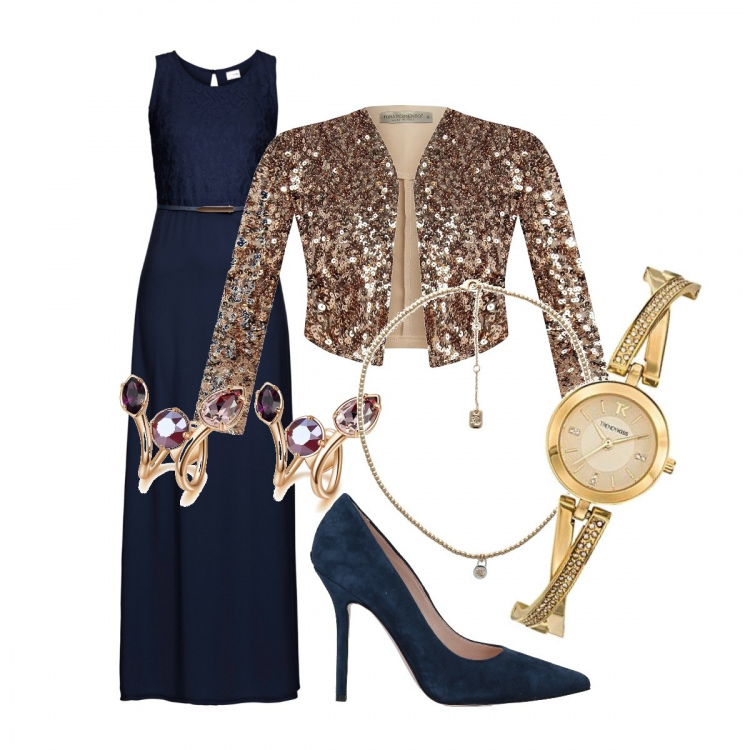 Outfit donna - Glamour #91. Stile Glamour per Serata fuori. Abbinamento con vestiti lunghi, décolleté, collane, bolero, orecchini, orologi analogici.