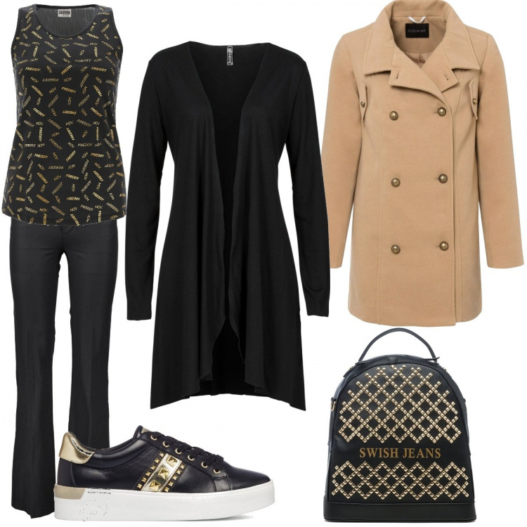 Outfit donna - Oro nero. Stile Trendy per Tutti i giorni. Abbinamento con cardigans, caban, canottiere, sneakers, zaini, pantaloni.