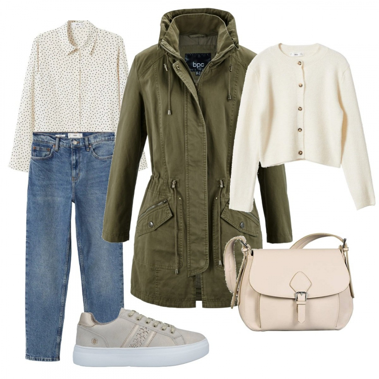 Outfit donna - In Facoltà. Stile Casual chic per Scuola/Università. Abbinamento con parka, sneakers, borse a tracolla, jeans mom, cardigans, camicie.