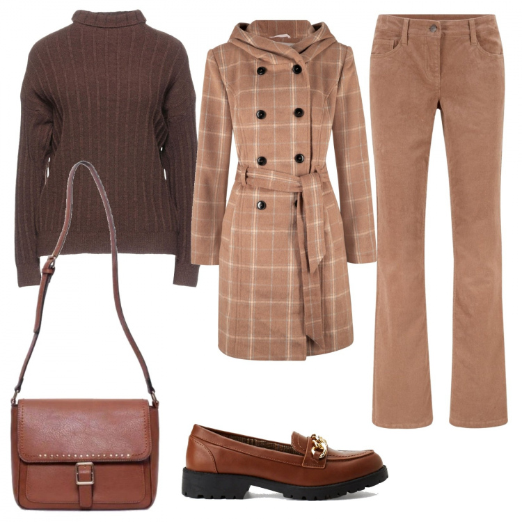 Outfit donna - Basica. Stile Basic per Ufficio. Abbinamento con pantaloni, cappotti, maglieria, mocassini, borse a tracolla.