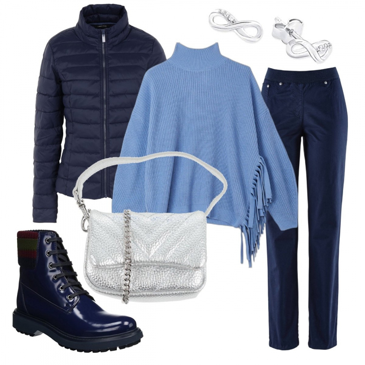 Outfit donna - BB Basic in Blu. Stile Basic per Tutti i giorni. Abbinamento con pantaloni sportivi, piumini, borse a tracolla, maglieria, stivali, orecchini.