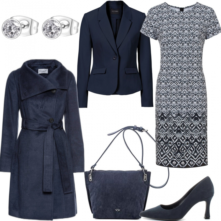 Outfit donna - Battesimo a gennaio 7. Stile Chic per Cerimonia. Abbinamento con blazer, vestiti, cappotti, orecchini, sandali, borse a tracolla.