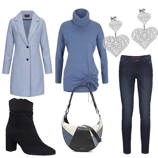Outfit donna - I colori del cielo. Stile Casual per Tutti i giorni. Abbinamento con jeans skinny, maglieria, cappotti, borse a spalla, stivaletti, orecchini.