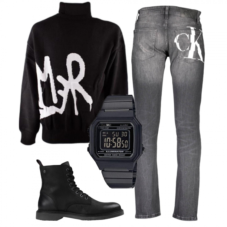 Outfit uomo - Trendissimo. Stile Trendy per Tutti i giorni. Abbinamento con maglieria, stivali e stivaletti, orologi, jeans.