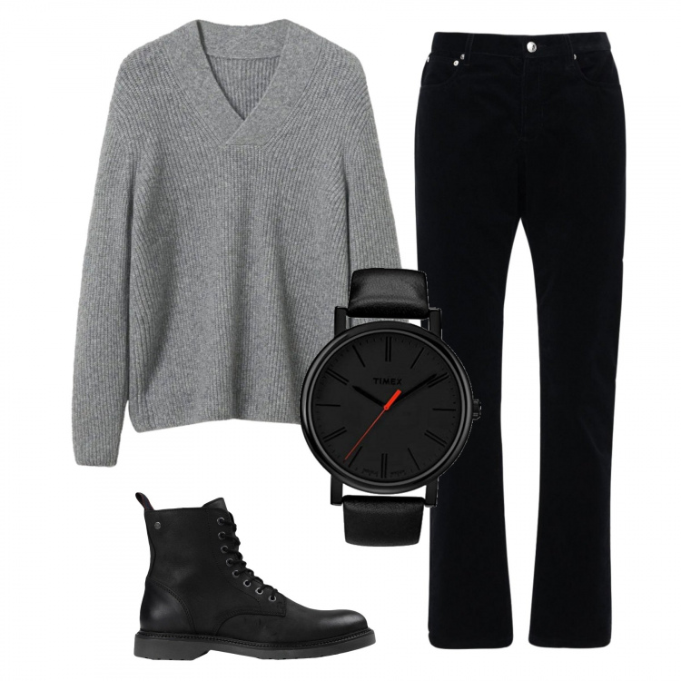 Outfit uomo - Al lavoro. Stile Casual per Ufficio. Abbinamento con stivali e stivaletti, orologi, jeans, pullovers.