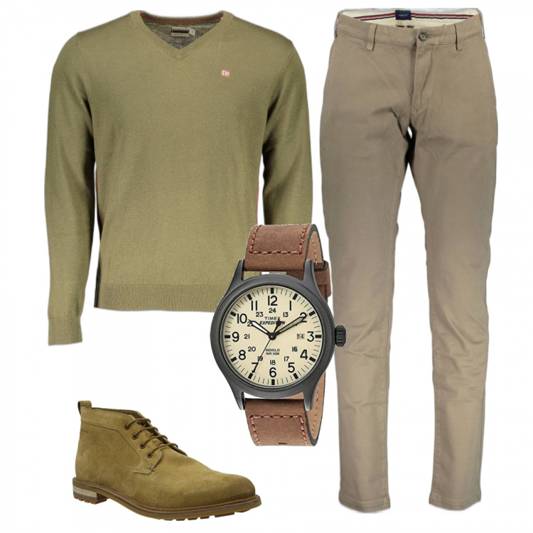 Outfit uomo - Oggi al lavoro. Stile Casual per Ufficio. Abbinamento con stivali, orologi, maglieria, pantaloni.