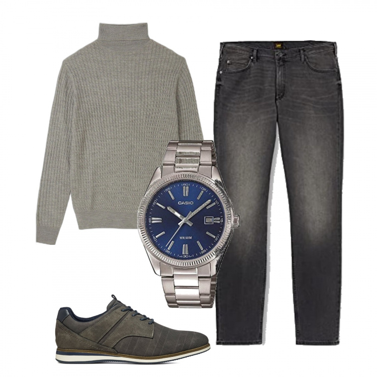 Outfit uomo - Tutti i giorni con il Casio blu. Stile Casual per Tutti i giorni. Abbinamento con maglieria, scarpe stringate, jeans, orologi analogici.