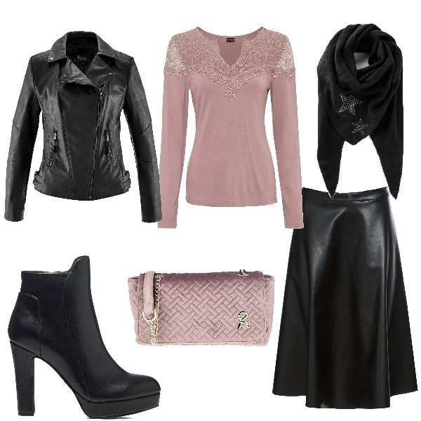 Outfit donna - Aperitivo!. Stile Trendy per Serata fuori. Abbinamento con blazer, foulard, maglieria, gonne, borse a tracolla, stivaletti.