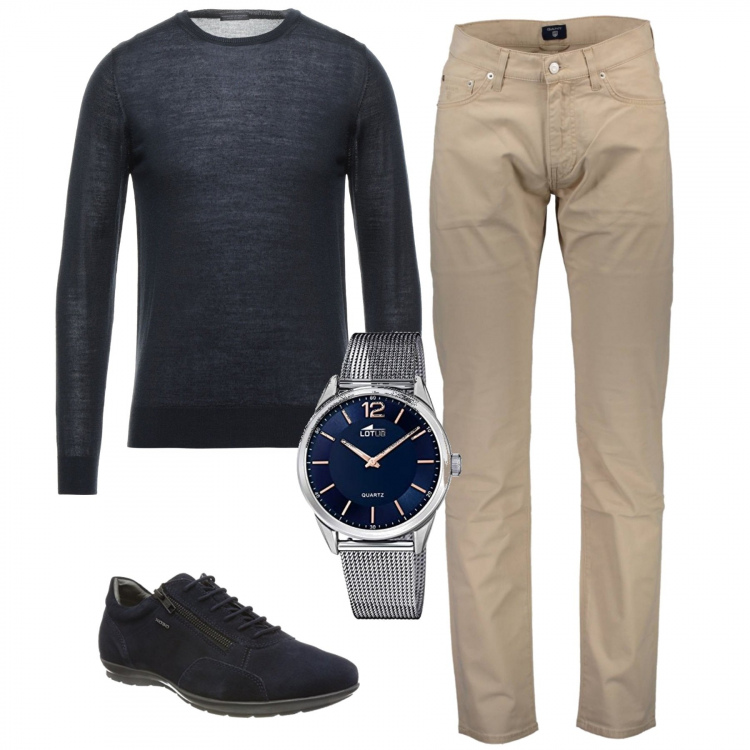 Outfit uomo - Tutti i giorni in blu. Stile Casual per Tutti i giorni. Abbinamento con pullovers, pantaloni, orologi, scarpe stringate.