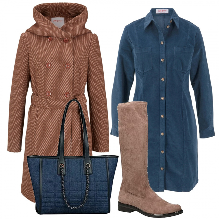 Outfit donna - Scamiciato blu millerighe. Stile Casual per Tutti i giorni. Abbinamento con vestiti, cappotti, stivali, shopping bag.