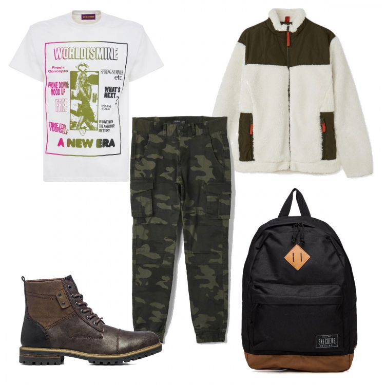 Outfit uomo - Tutti i giorni. Stile Casual per Tutti i giorni. Abbinamento con bomber, anfibi, borse sportive, pantaloni cargo, t-shirt.