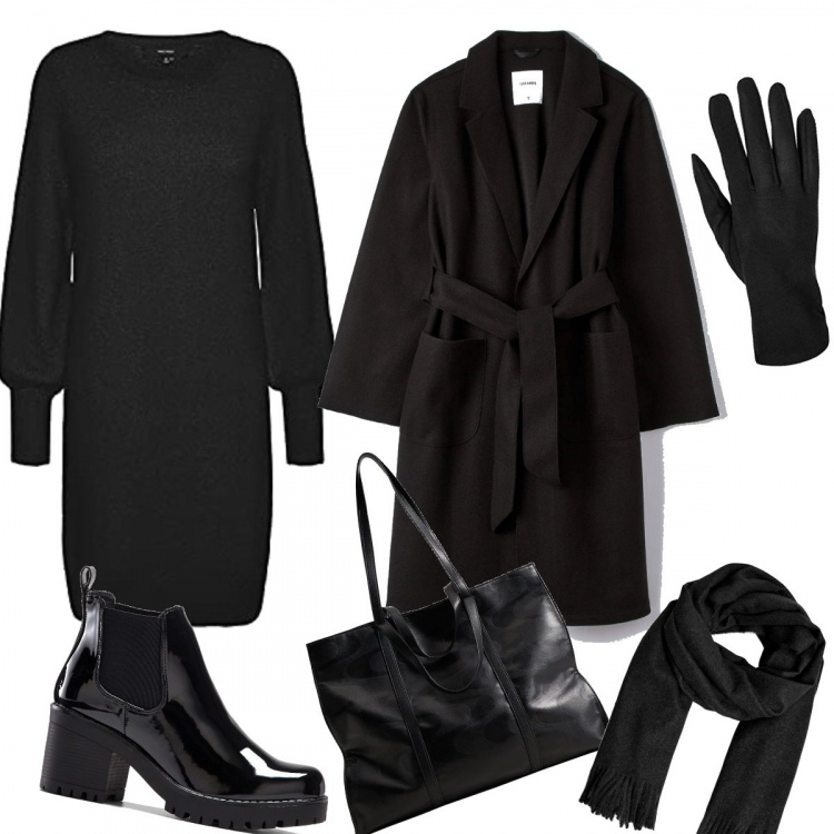 Outfit donna - Nero e caldo. Stile Casual per Tutti i giorni. Abbinamento con stivaletti, cappotti, vestiti, shopping bag, sciarpe, guanti.