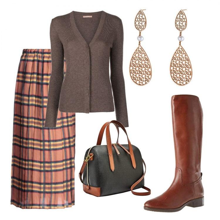 Outfit donna - Lasorry. Stile Casual per Tutti i giorni. Abbinamento con gonne lunghe, orecchini, cardigans, stivali sopra il ginocchio, borse a tracolla.