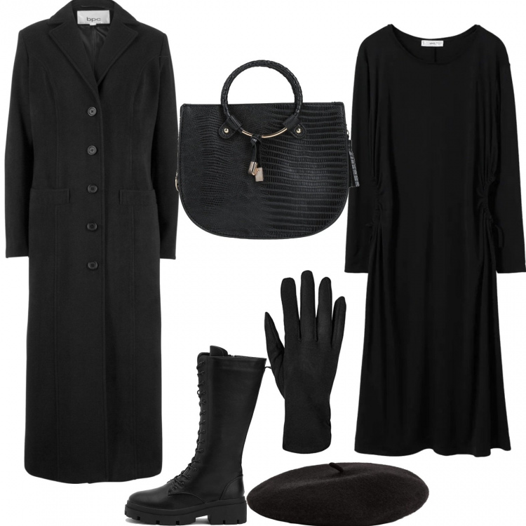 Outfit donna - Classe in nero. Stile Urban per Serata fuori. Abbinamento con cappotti, borse a mano, anfibi, vestiti midi/longuette, guanti, cappelli.