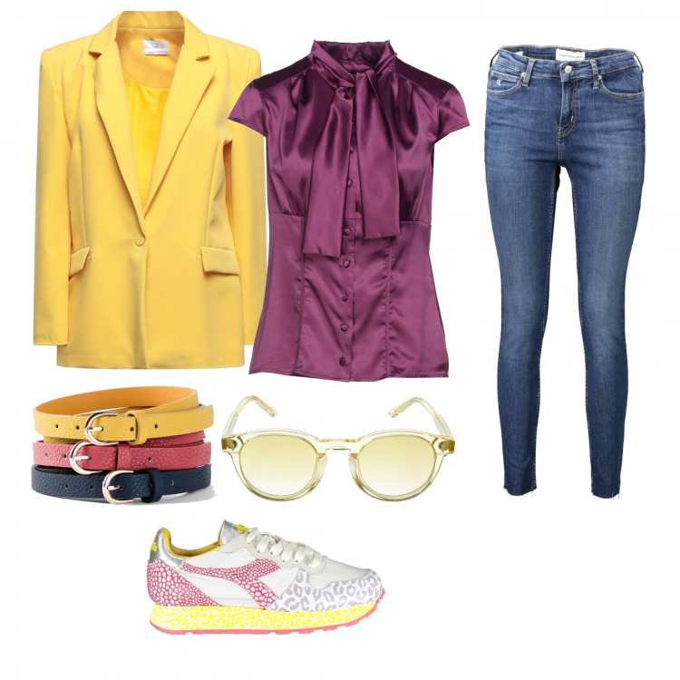 Outfit donna - Profumo di primavera. Stile Casual per Ufficio. Abbinamento con cinture, camicie a manica corta, blazer, sneakers, jeans skinny, occhiali da sole.