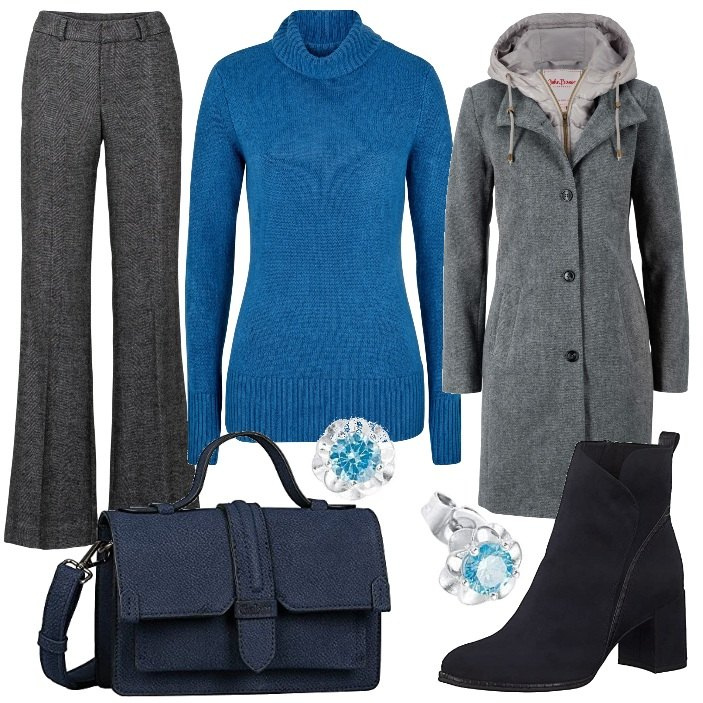 Outfit donna - Le sfumature del cielo. Stile Casual chic per Tutti i giorni. Abbinamento con pantaloni a palazzo, cappotti, maglieria, borse a cartella, stivaletti, orecchini.