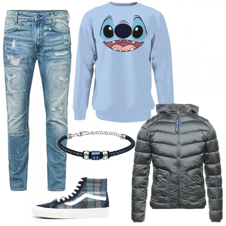 Outfit uomo - Trendy. Stile Trendy per Tutti i giorni. Abbinamento con sneakers alte, piumini, jeans, felpe, braccialetti.