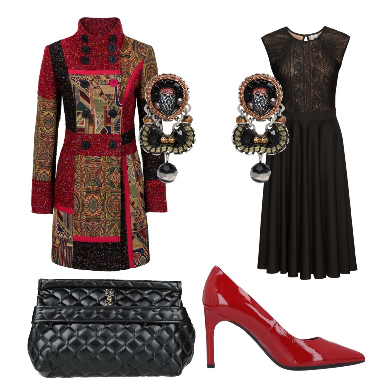 Outfit donna - Dettagli preziosi. Stile Chic per Serata fuori. Abbinamento con vestiti, cappotti, décolleté, orecchini, borse a mano.