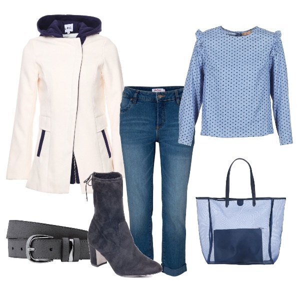 Outfit donna - 55-casual. Stile Basic per Tutti i giorni. Abbinamento con cinture, jeans strappati, borsa a spalla maxi doppio manico interno sfoderato tinta unita, camicetta blu, stivaletti nero, cappotto tweed con cappuccio.
