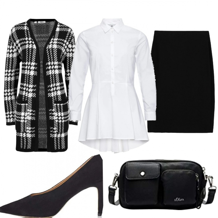Outfit donna - Casual chic #304. Stile Casual chic per Tutti i giorni. Abbinamento con camicie, cardigans, gonne longuette, scarpe col tacco, borse a tracolla.