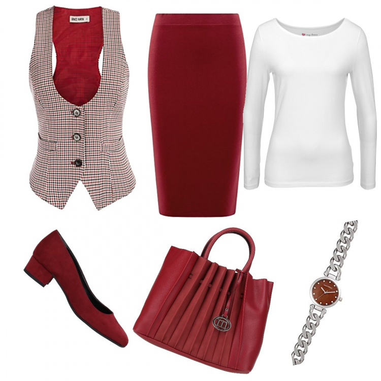 Outfit donna - Gilet in ufficio. Stile Chic per Tutti i giorni. Abbinamento con décolleté, borse a mano, t-shirt sportive, gonne longuette, blazer, orologi analogici.