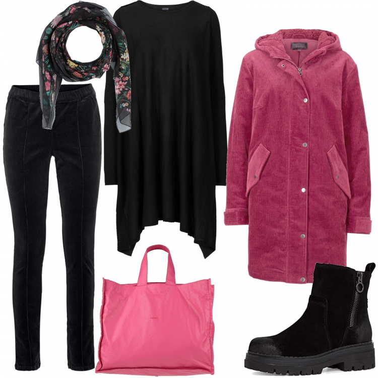 Outfit donna - Il cappotto in velluto. Stile Casual per Ufficio. Abbinamento con borse a mano, sciarpe, maglieria, parka, leggings, stivali da neve.