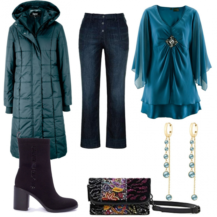 Outfit donna - Curvy style. Stile Basic per Tutti i giorni. Abbinamento con blazer, tuniche, stivaletti, orecchini, borse a tracolla, jeans.
