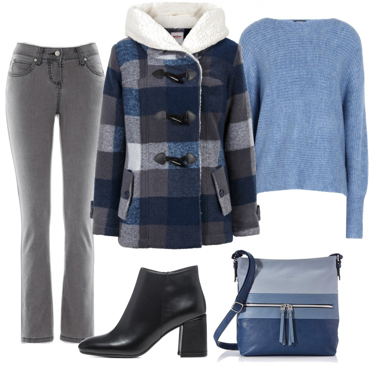 Outfit donna - Tra terra e cielo. Stile Casual per Tutti i giorni. Abbinamento con jeans slim fit, blazer, pullovers, stivaletti, borse a tracolla.