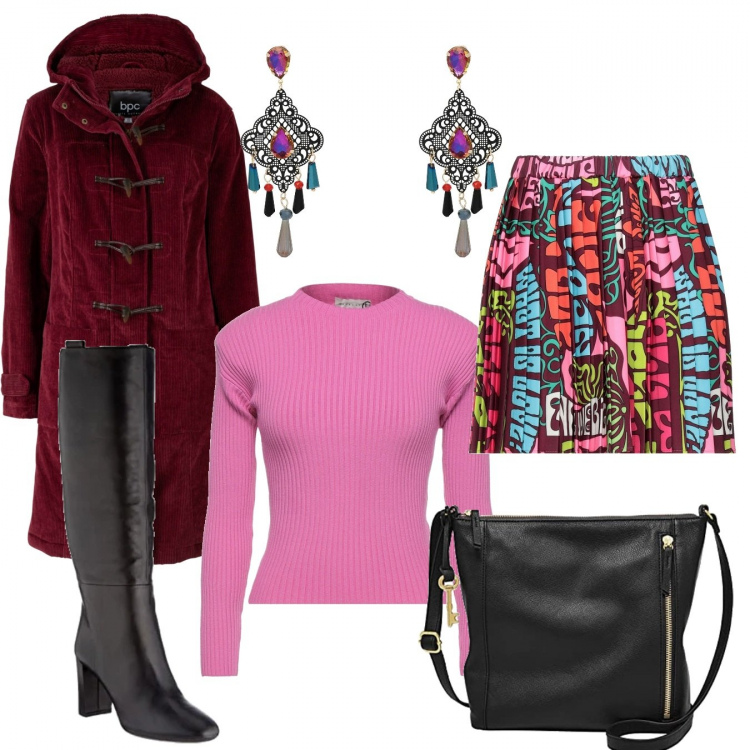 Outfit donna - Imma Tataranni. Stile Romantica per Tutti i giorni. Abbinamento con montgomery, minigonne, pullovers, orecchini, borse a tracolla, stivali.
