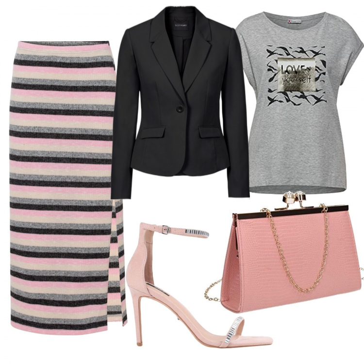 Outfit donna - Sex and the city. Stile Trendy per Serata fuori. Abbinamento con sandali col tacco, blazer, gonne longuette, t-shirt, pochette.