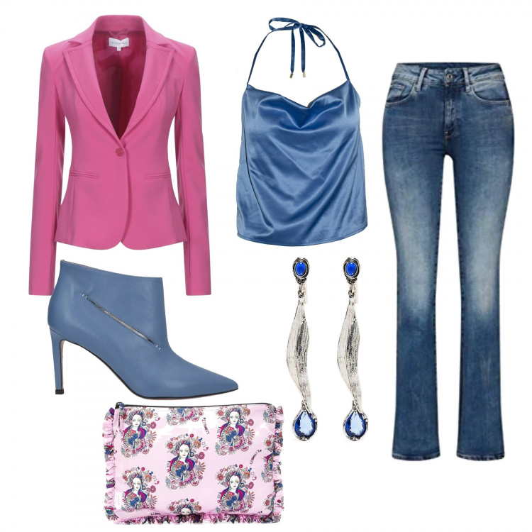 Outfit donna - Total look #1237574. Stile Glamour per Serata fuori. Abbinamento con blazer, stivaletti, orecchini, clutch, jeans skinny, top.