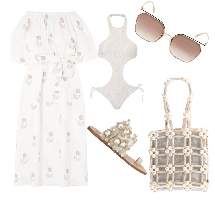 Outfit donna - Total look #1237604. Stile Boho per Mare. Abbinamento con costumi interi, infradito, vestiti da spiaggia, shopping bag, occhiali da sole.