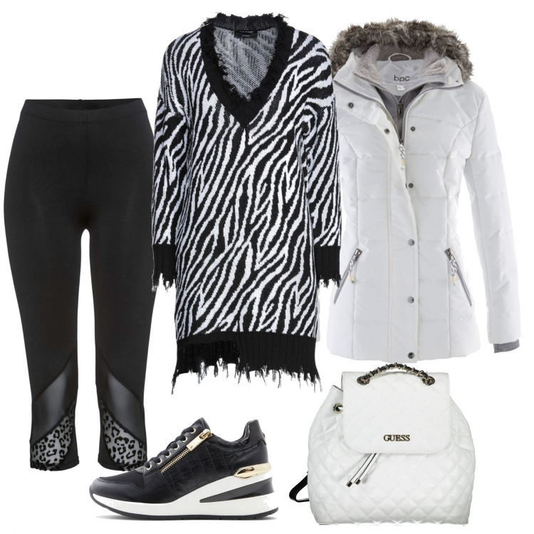 Outfit donna - Plus Size: Sporty-Chic. Stile Sporty chic per Tutti i giorni. Abbinamento con piumini, leggings, vestiti corti, sneakers, zaini.
