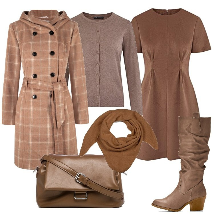 Outfit donna - Caldo marrone. Stile Casual chic per Ufficio. Abbinamento con stivali, cappotti, borse a tracolla, vestiti corti, cardigans, sciarpe.