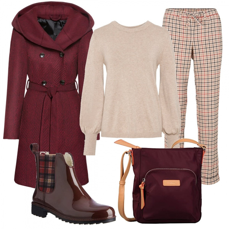 Outfit donna - In caso di pioggia. Stile Bon Ton per Ufficio. Abbinamento con cappotti, maglieria, pantaloni a palazzo, stivaletti chelsea, borse a mano.