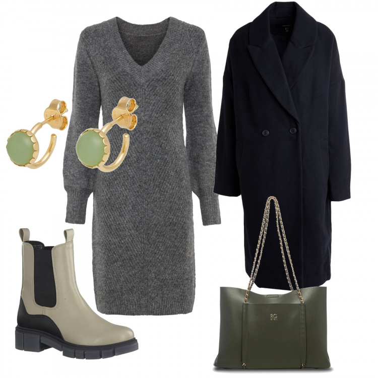 Outfit donna - In cittá. Stile Casual chic per Tutti i giorni. Abbinamento con vestiti, cappotti, orecchini, borse a spalla, stivaletti.