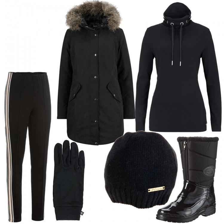 Outfit donna - Domeniche in montagna. Stile Basic per Tutti i giorni. Abbinamento con parka, maglieria, pantaloni, stivali da neve, berretti, guanti.