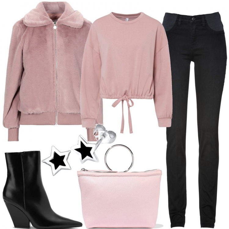 Outfit donna - Pellicciotto rosa. Stile Casual chic per Scuola/Università. Abbinamento con jeans skinny, felpe, cappotti, borse a mano, stivaletti texani, orecchini.