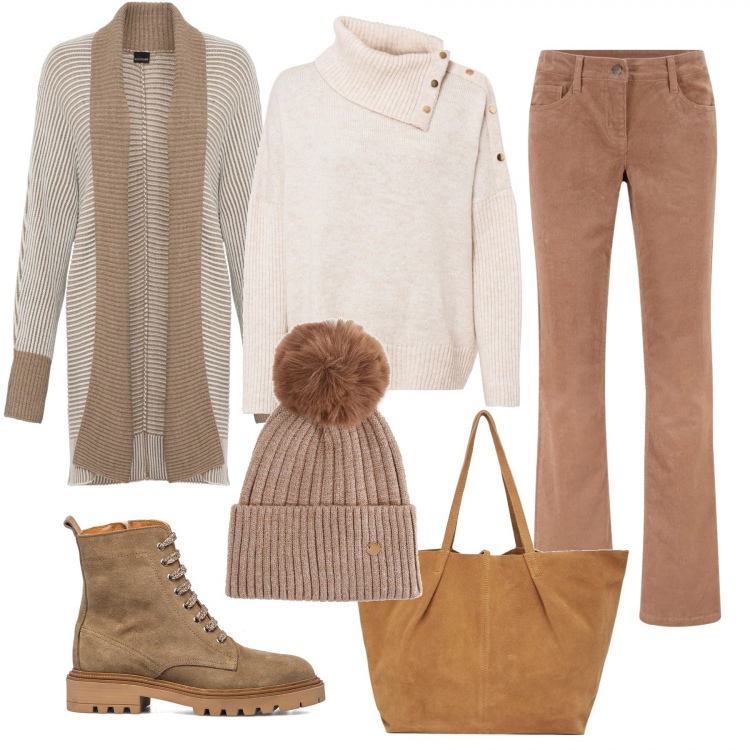 Outfit donna - Perfetta per l\'inverno. Stile Basic per Tutti i giorni. Abbinamento con pantaloni, maglieria, cardigans, berretti, anfibi, shopping bag.