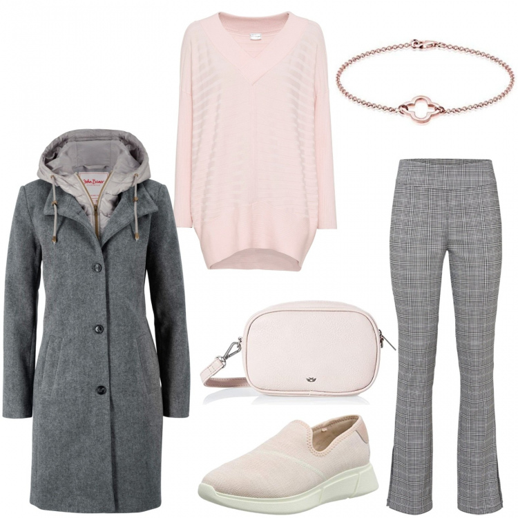 Outfit donna - Pranzo con un\'amica. Stile Basic per Tutti i giorni. Abbinamento con cappotti, pantaloni, maglieria, sneakers, borse a spalla, braccialetti.