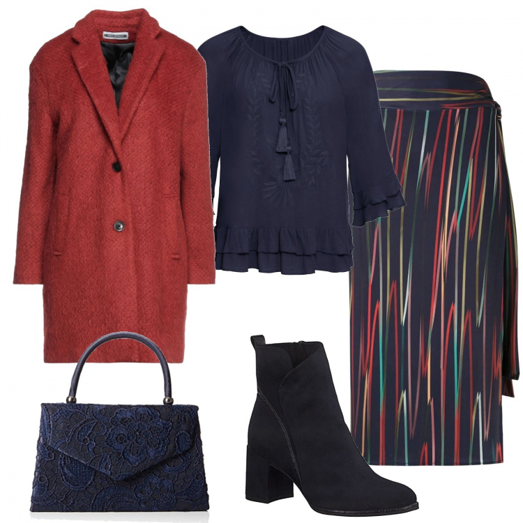 Outfit donna - La gonna colorata. Stile Glamour per Serata fuori. Abbinamento con cappotti, tuniche, gonne, stivaletti, borse a mano.