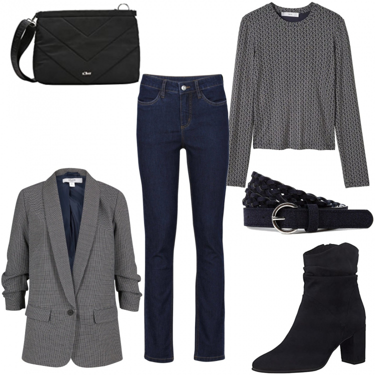 Outfit donna - Jeans e blazer. Stile Trendy per Ufficio. Abbinamento con jeans, blazer, cinture, t-shirt, stivaletti, borse a tracolla.