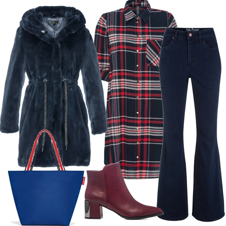 Outfit donna - Non in nero. Stile Casual chic per Serata fuori. Abbinamento con vestiti chemisier, jeans a zampa, ecopellicce, stivaletti, shopping bag.