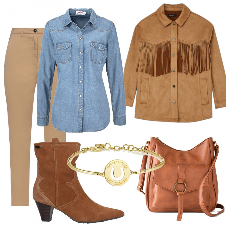 Outfit donna - Western story. Stile Boho per Tutti i giorni. Abbinamento con camicie, borse a tracolla, pantaloni, stivaletti, cappotti, braccialetti.